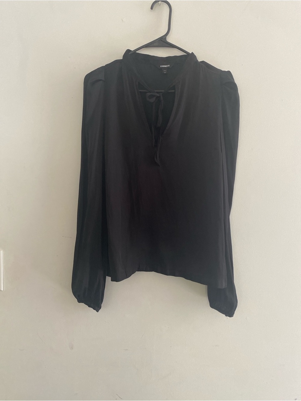 Express Black Long-Sleeve Tie-Neck Blouse